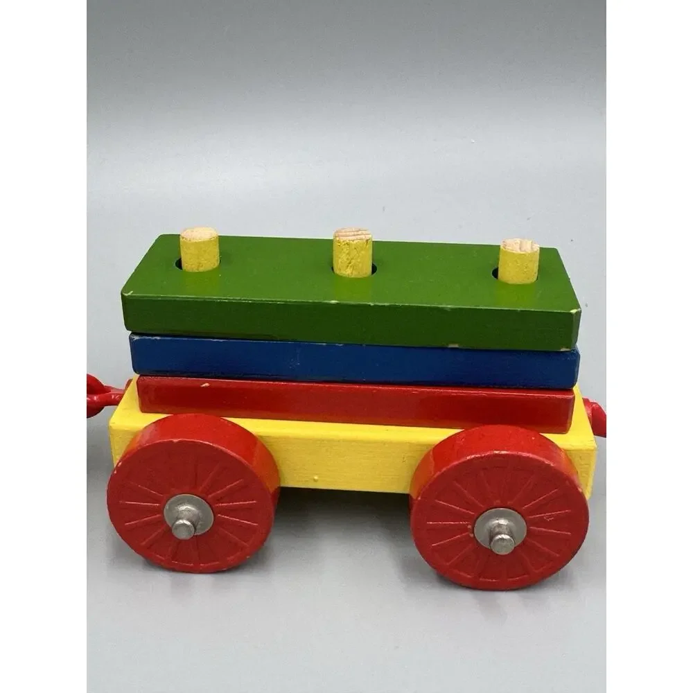 Childrens Wooden Pull Toy Train 4 Cars Primary Colors